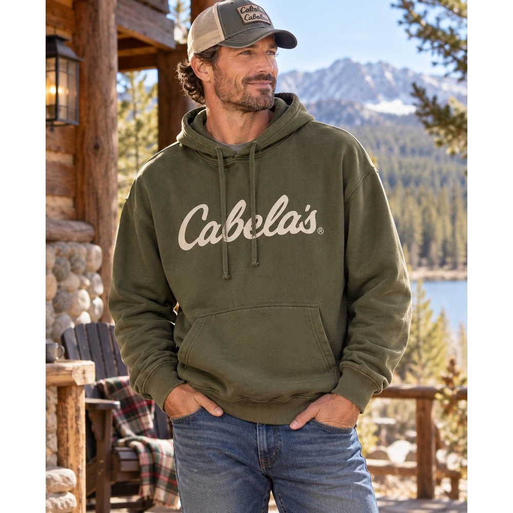 Cabelas Mens XL Olive Green Script Logo Pullover Hoodie Sweatshirt Relaxed Fit